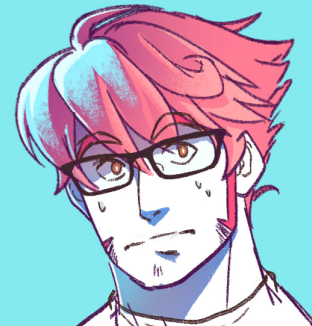 Artist's icon of a nervous, pink-haired man with glasses on a teal background